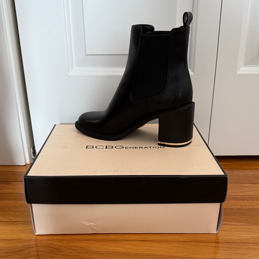 BCBGeneration Black Chunky Heel Ankle Boots with Gold Accent- New In Box - 9.5